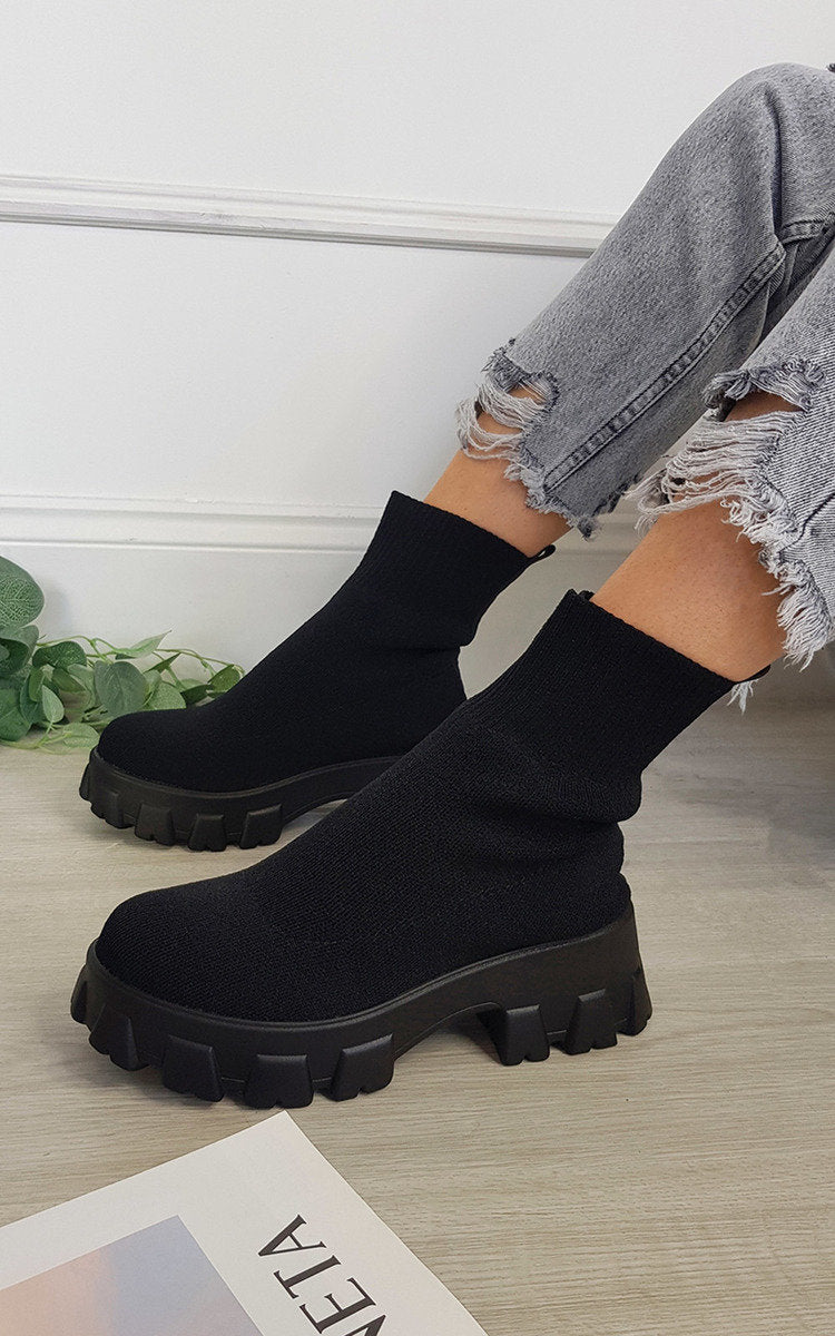 Kenike black chunky sock boots front view
