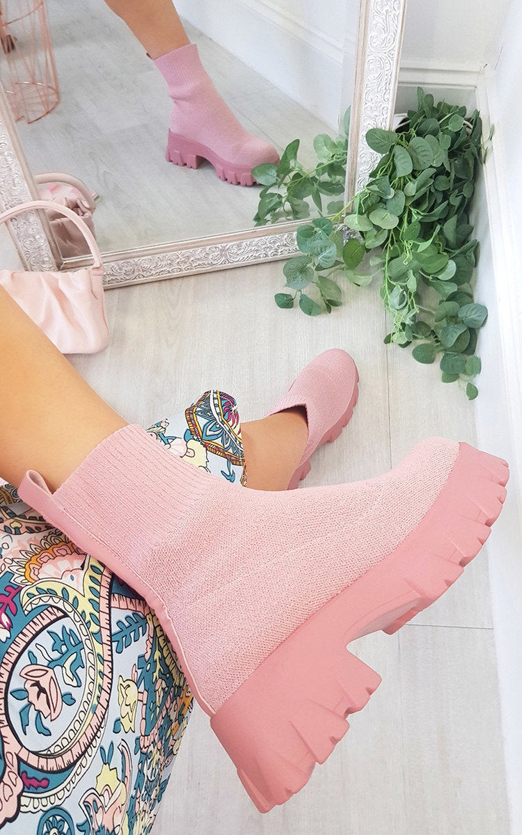 Kenike pink chunky sock boots front view