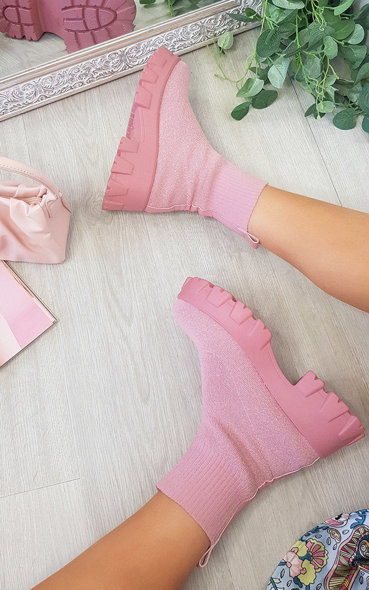 Kenike pink chunky sock boots side profile