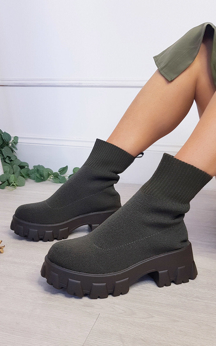 Kenike khaki chunky sock boots front view