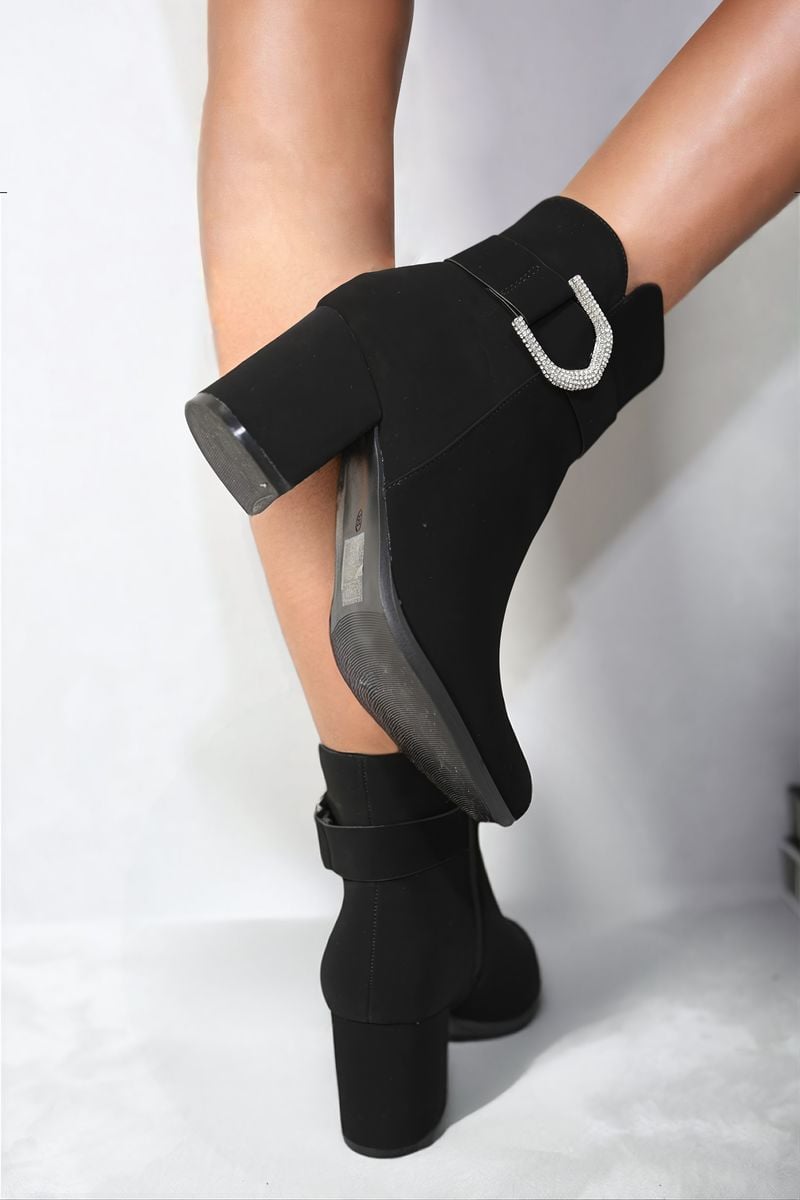 Kenike black rhinestone buckle chunky heeled boots side profile