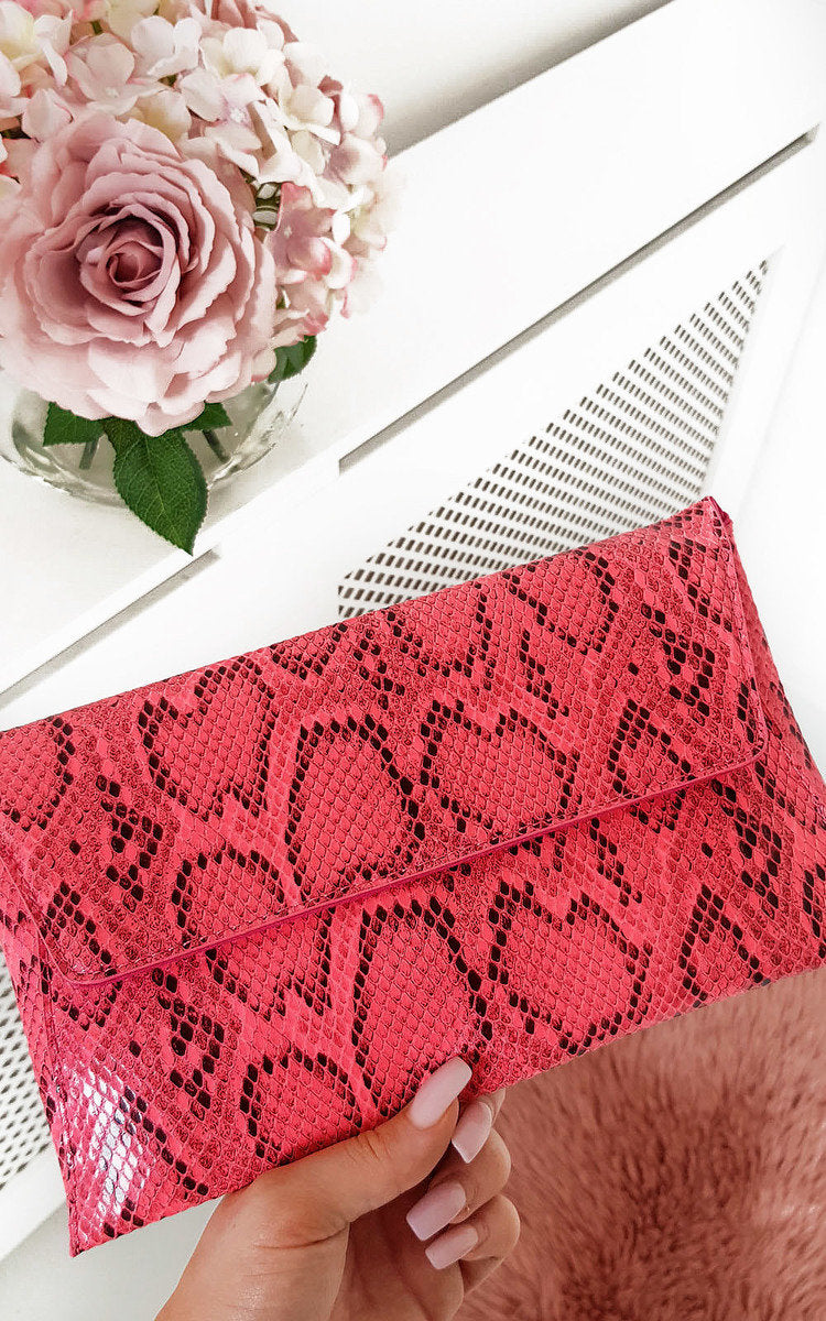 Kenike fuchsia snake print envelope clutch bag variant