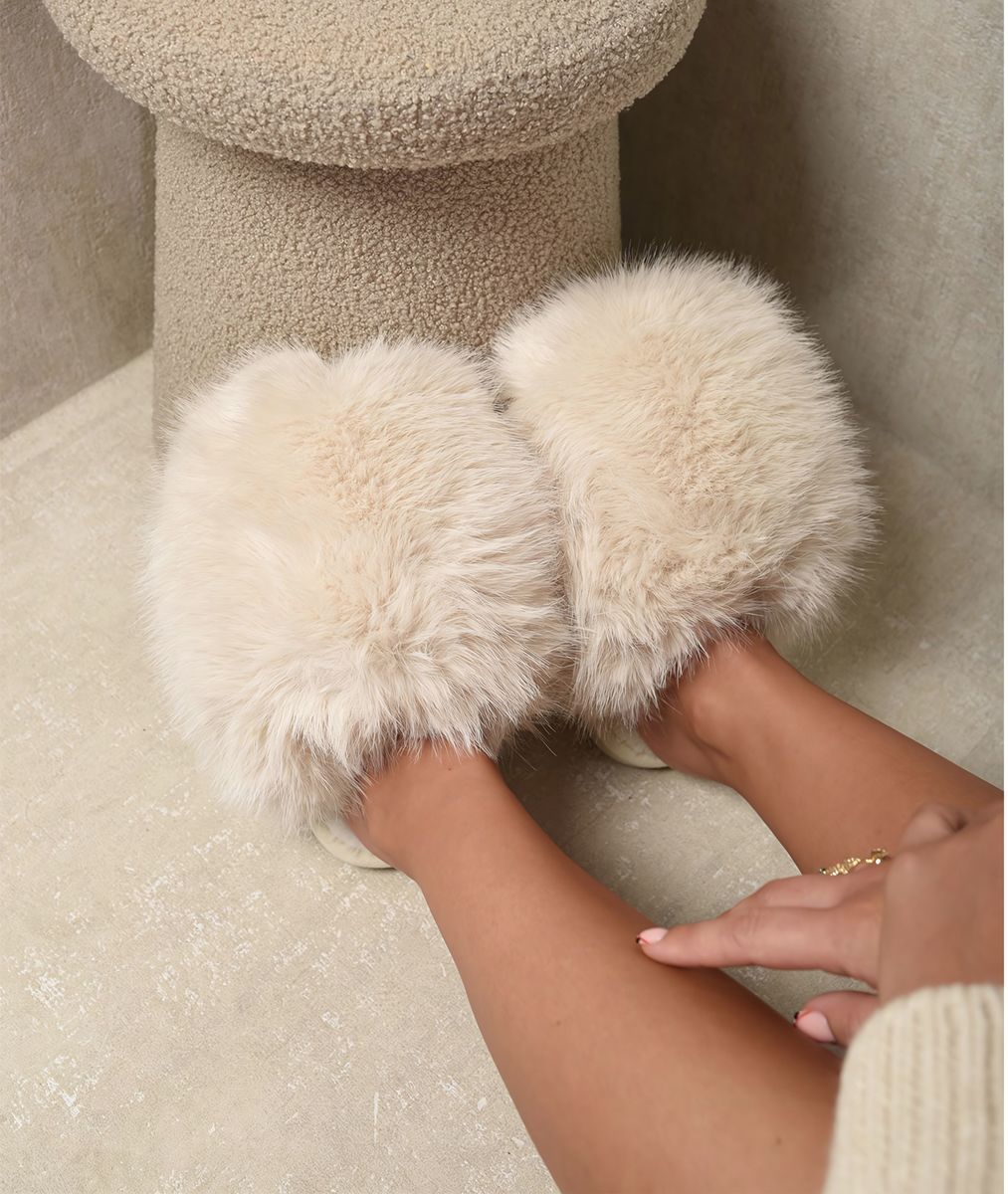 Kenike fluffy faux fur winter sandals angled view