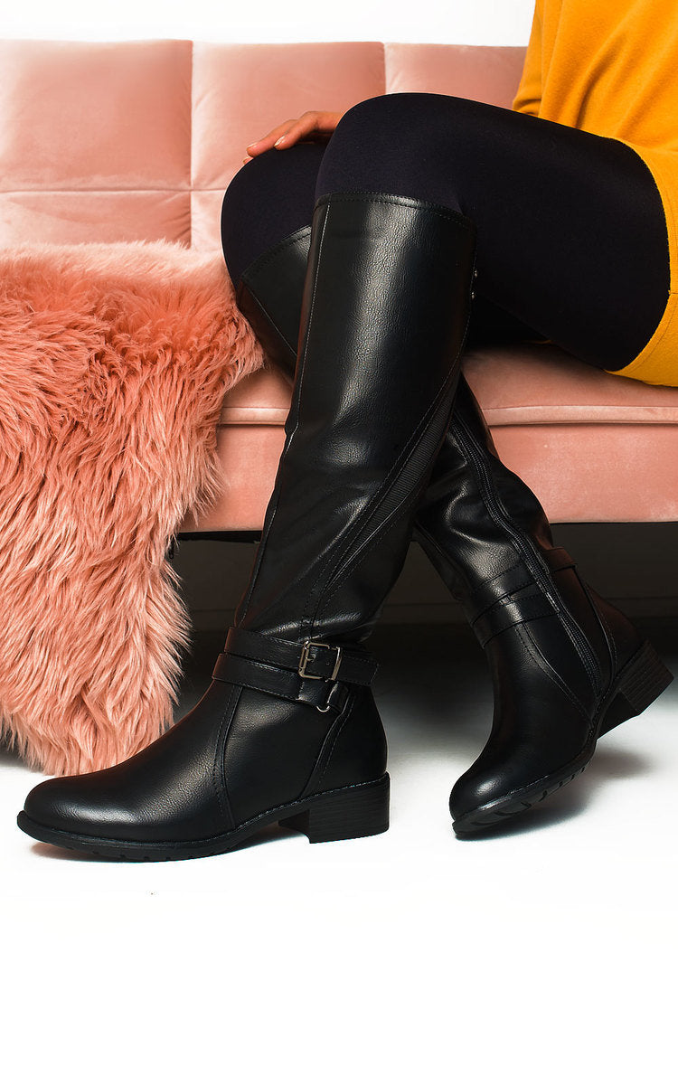 Kenike black faux leather knee high boots side profile