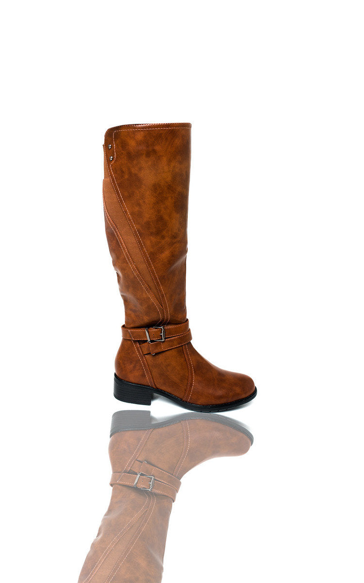 Kenike camel faux leather buckle knee high boots front view