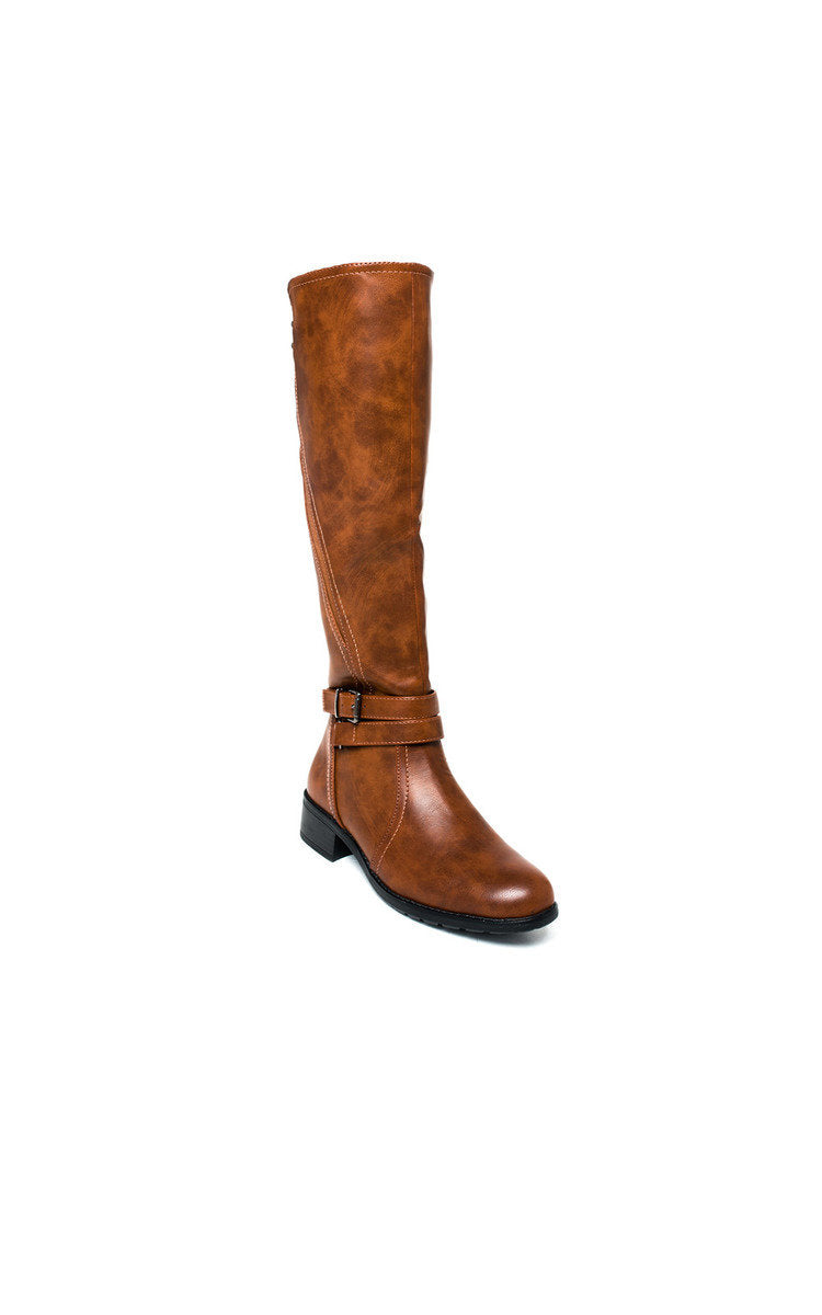 Kenike camel knee high boots close-up buckle detail