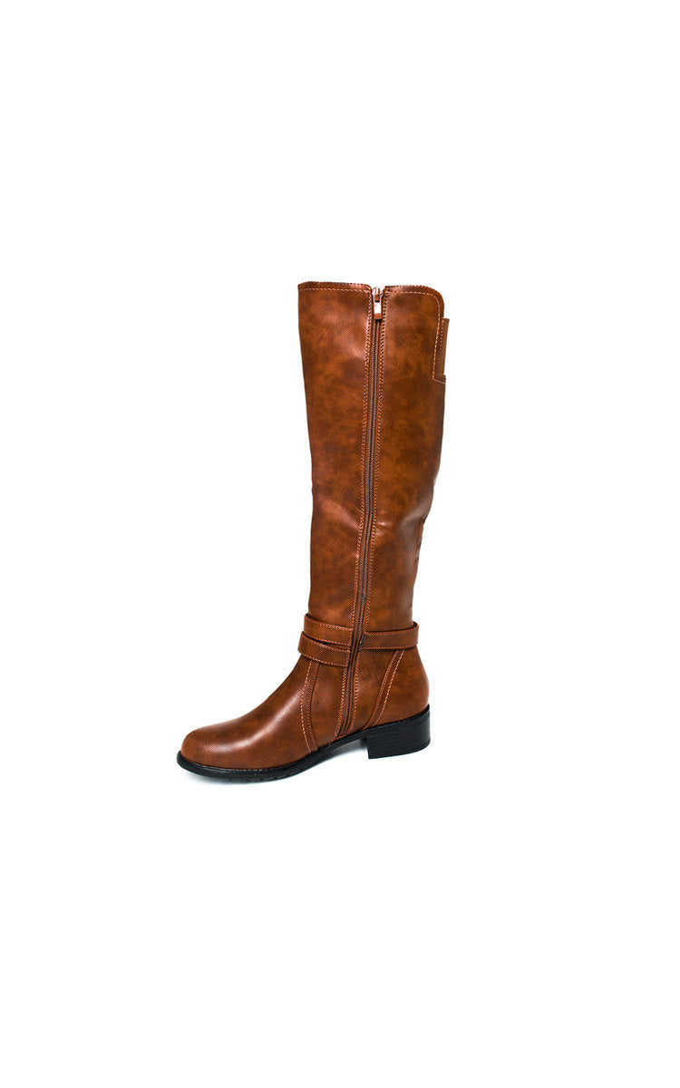 Kenike camel faux leather buckle knee high boots model view