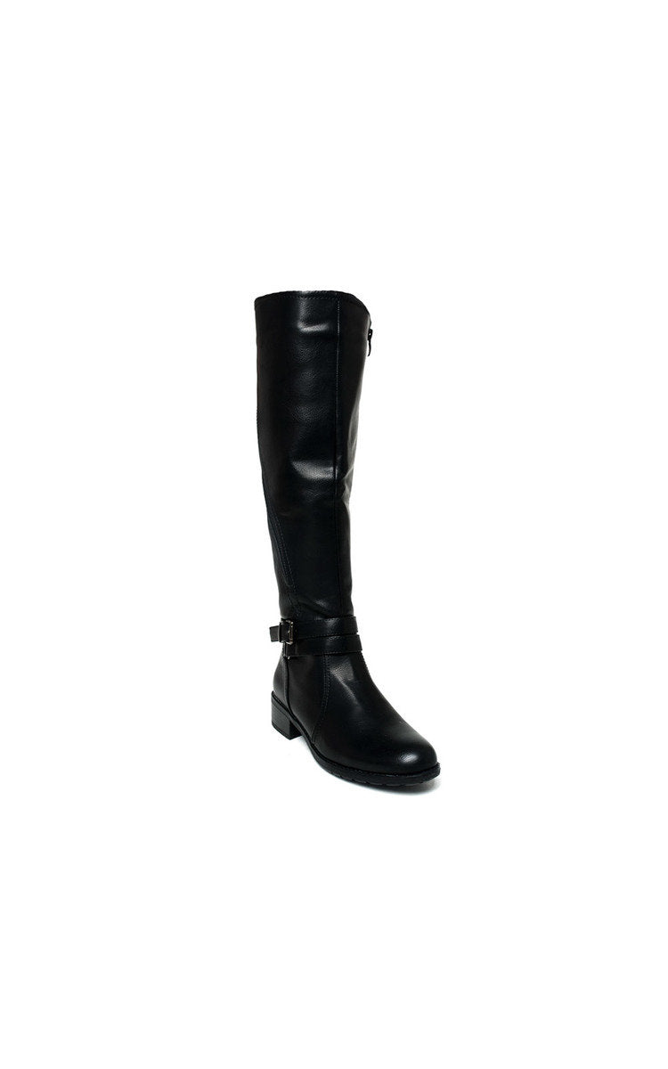 Kenike black faux leather buckle knee high boots variant