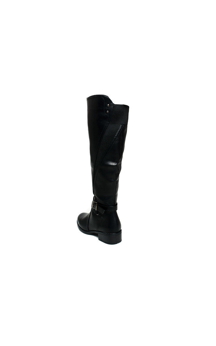 Kenike black faux leather buckle boots heel detail