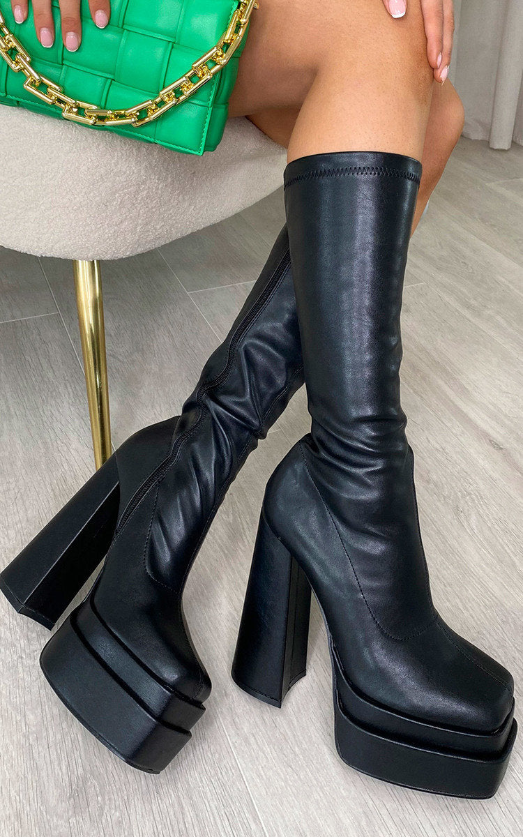 Kenike black zip detail block heel boots close-up