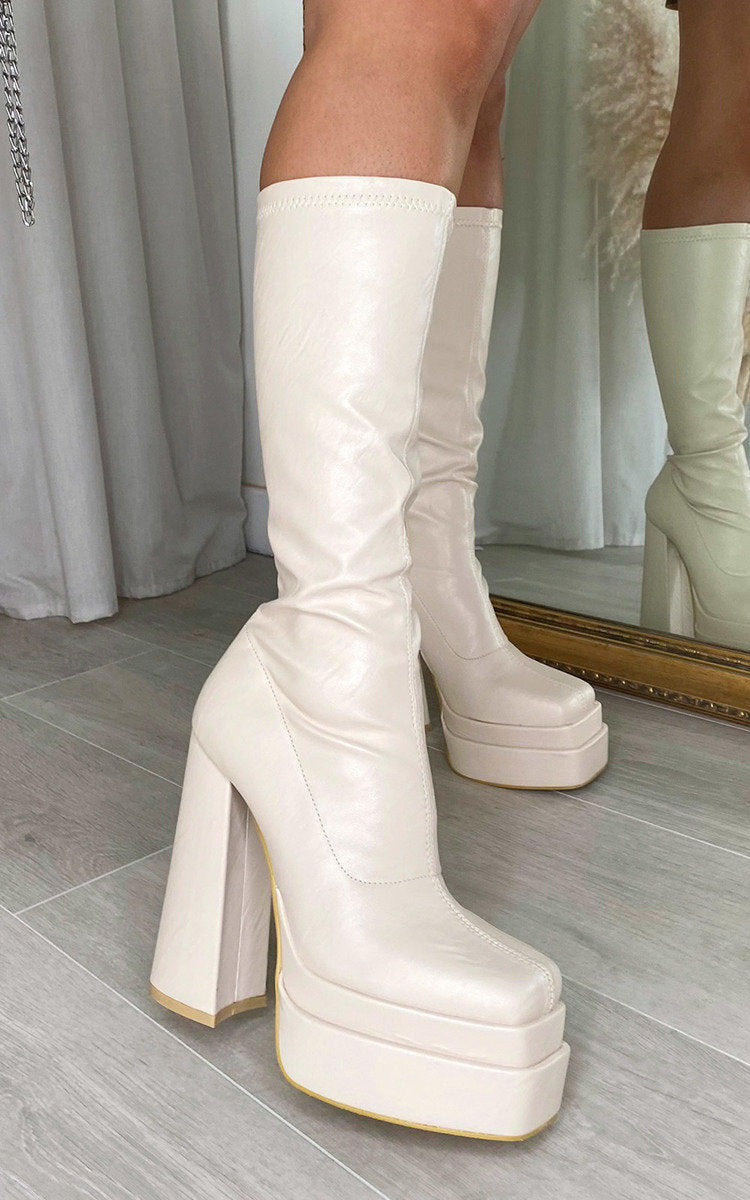 Kenike cream block high heel boots with zip detail variant