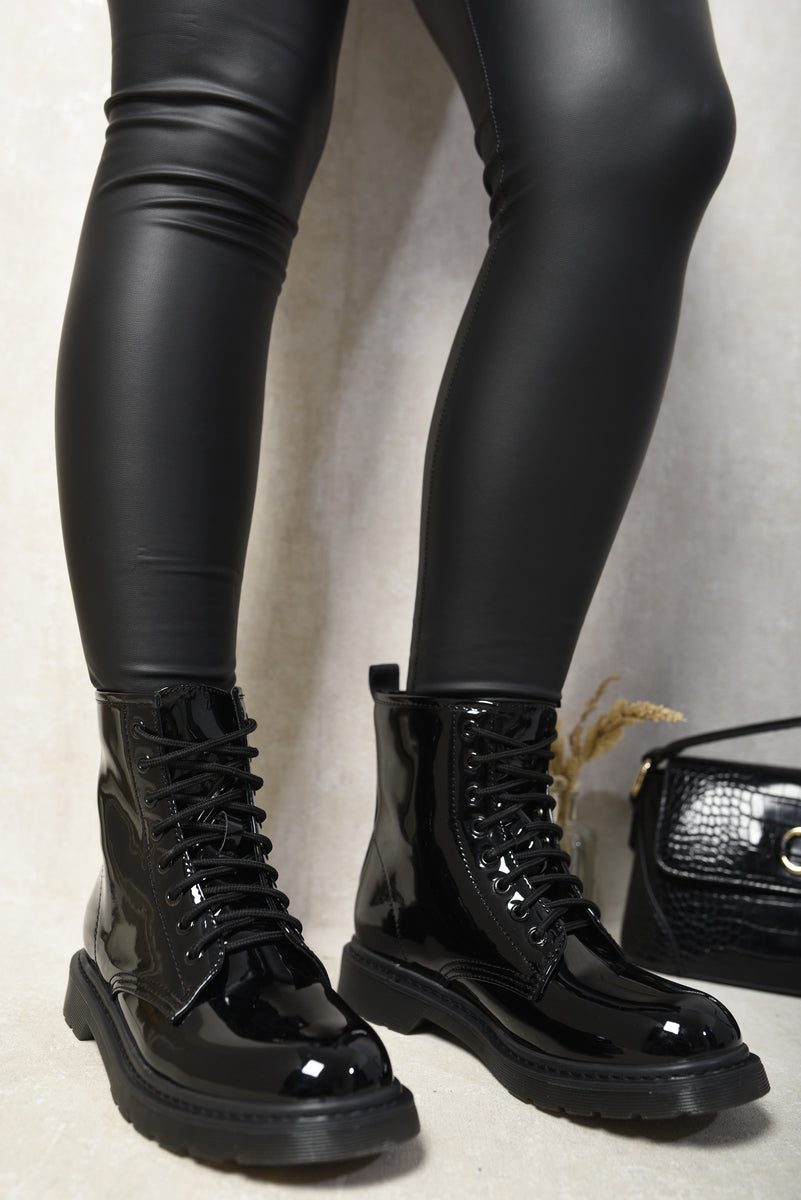 Kenike black patent lace-up ankle boots platform sole detail