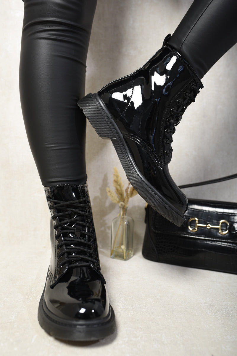 Kenike black patent lace-up platform ankle boots variant
