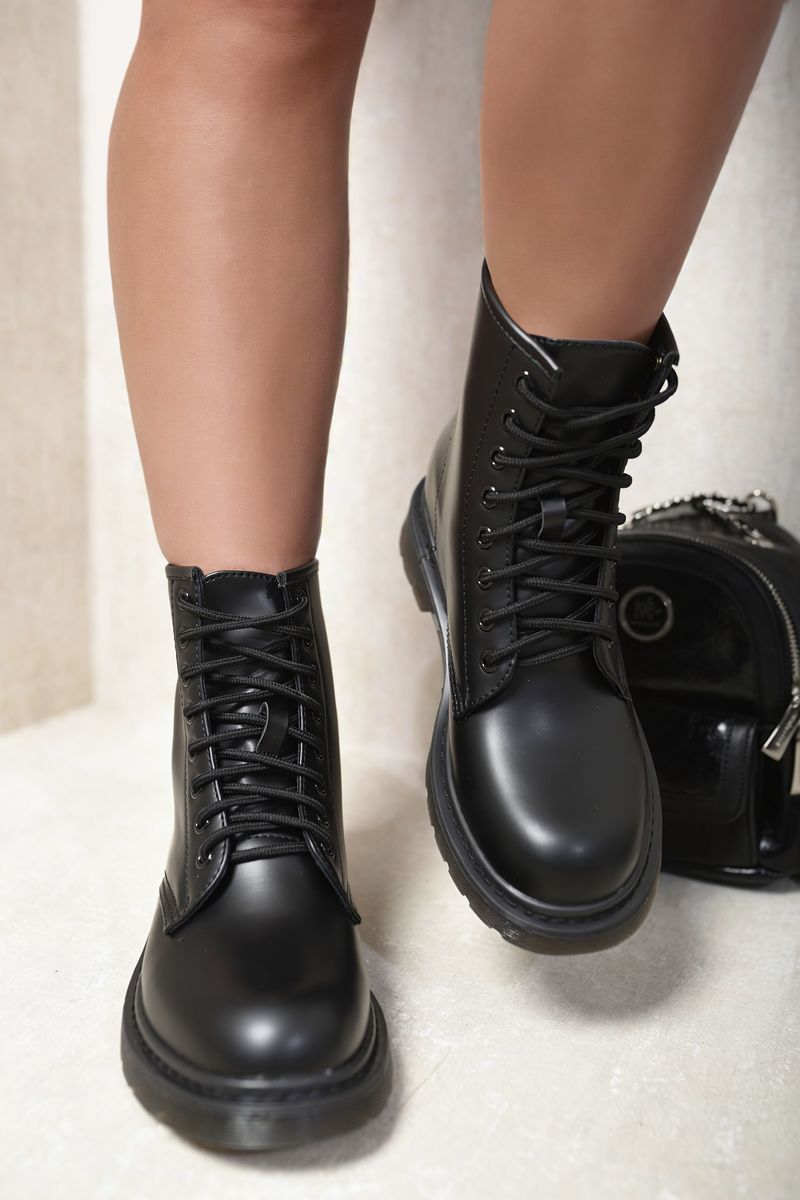 Kenike black lace-up platform ankle boots front view