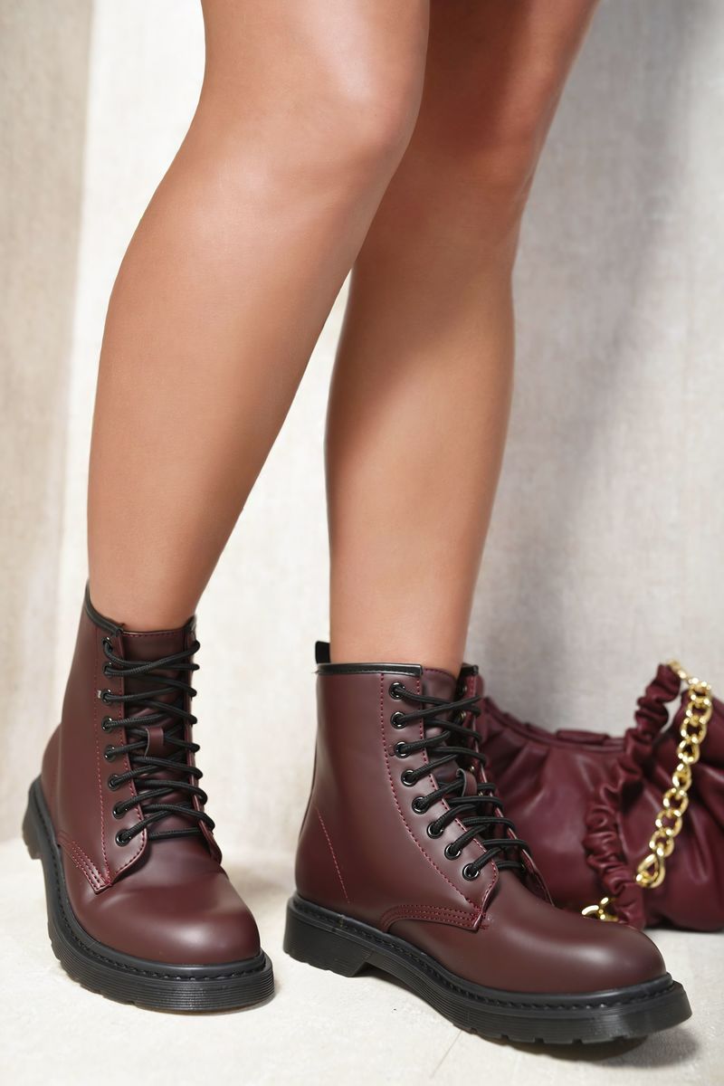 Kenike wine lace-up platform ankle boots front view