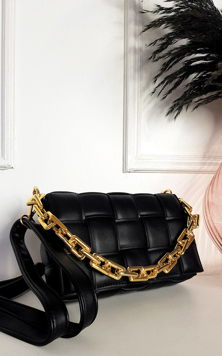 Kenike padded shoulder bag with chain detail in black front view