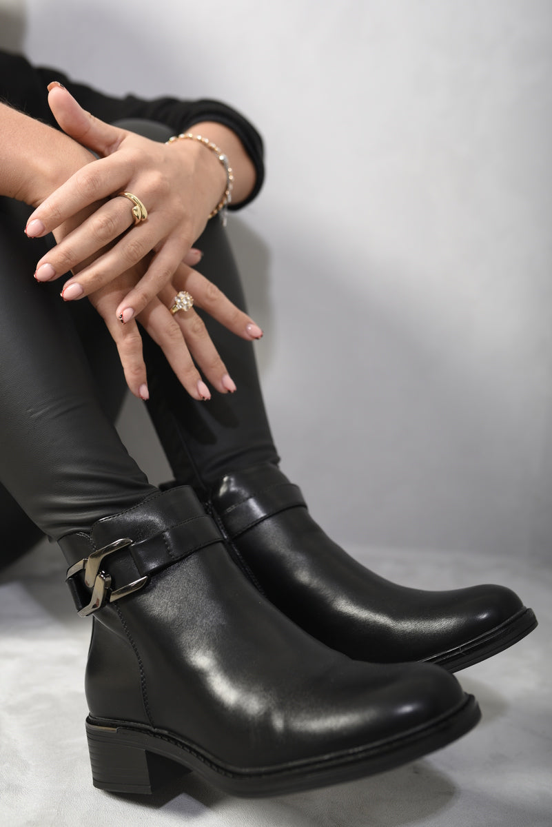 Kenike black buckle side zipper ankle boots front view