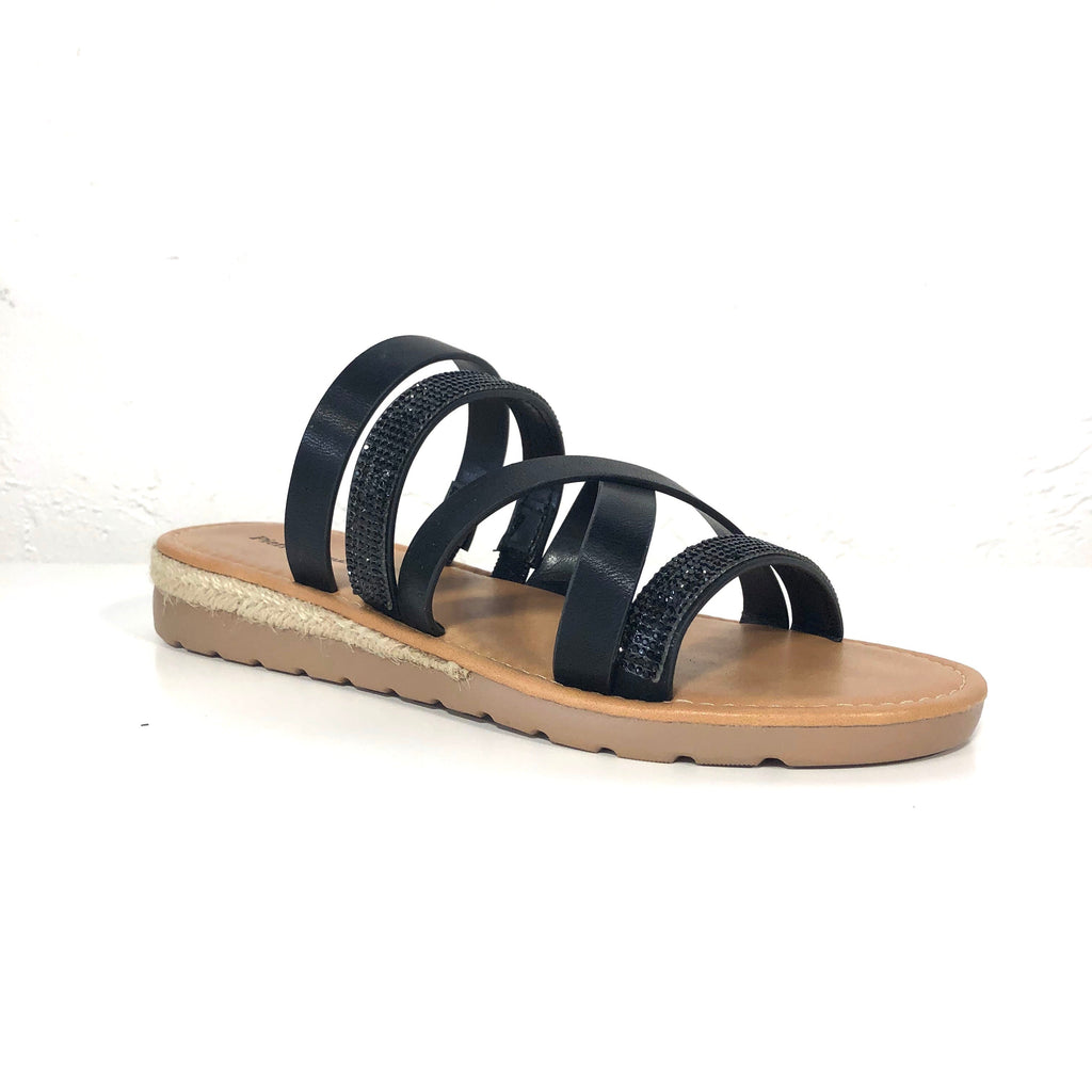 Jojo black strappy sandals side profile