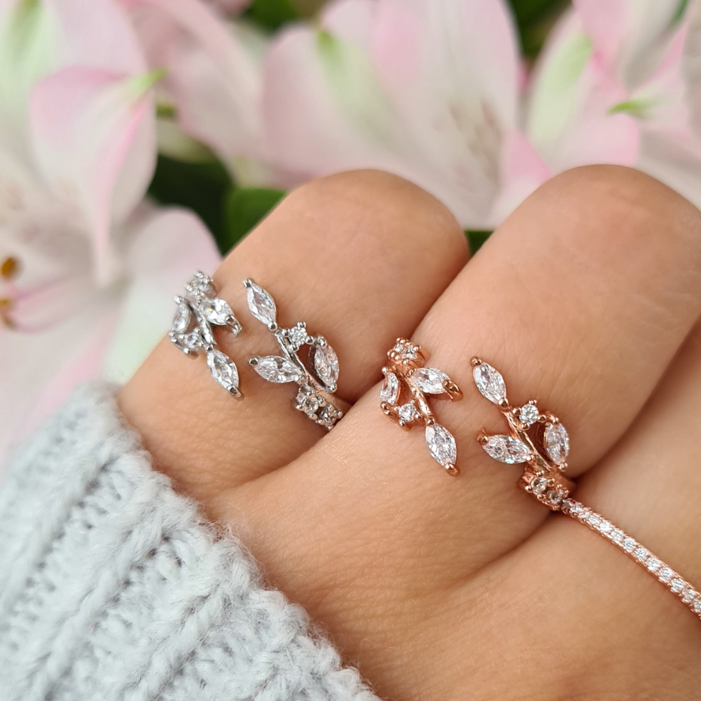 Adjustable leaf rings in sterling silver rose gold and gold group image