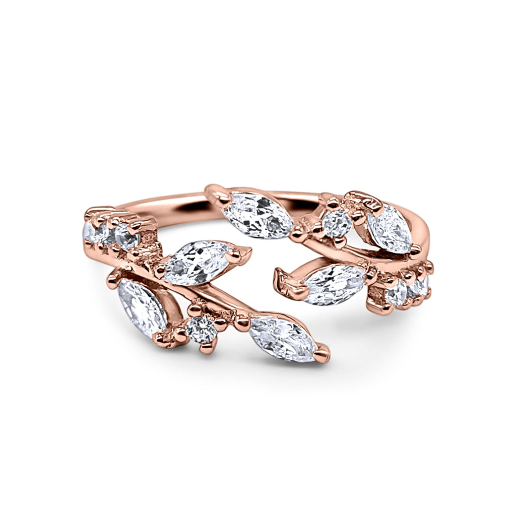 Adjustable leaf ring in rose gold plated sterling silver on white background