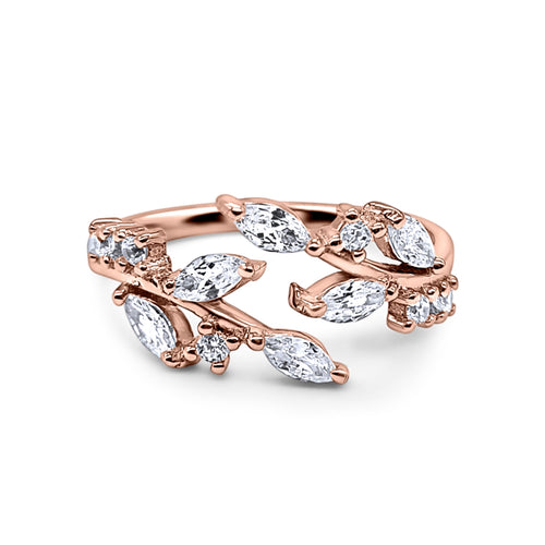Adjustable leaf ring in rose gold plated sterling silver on white background