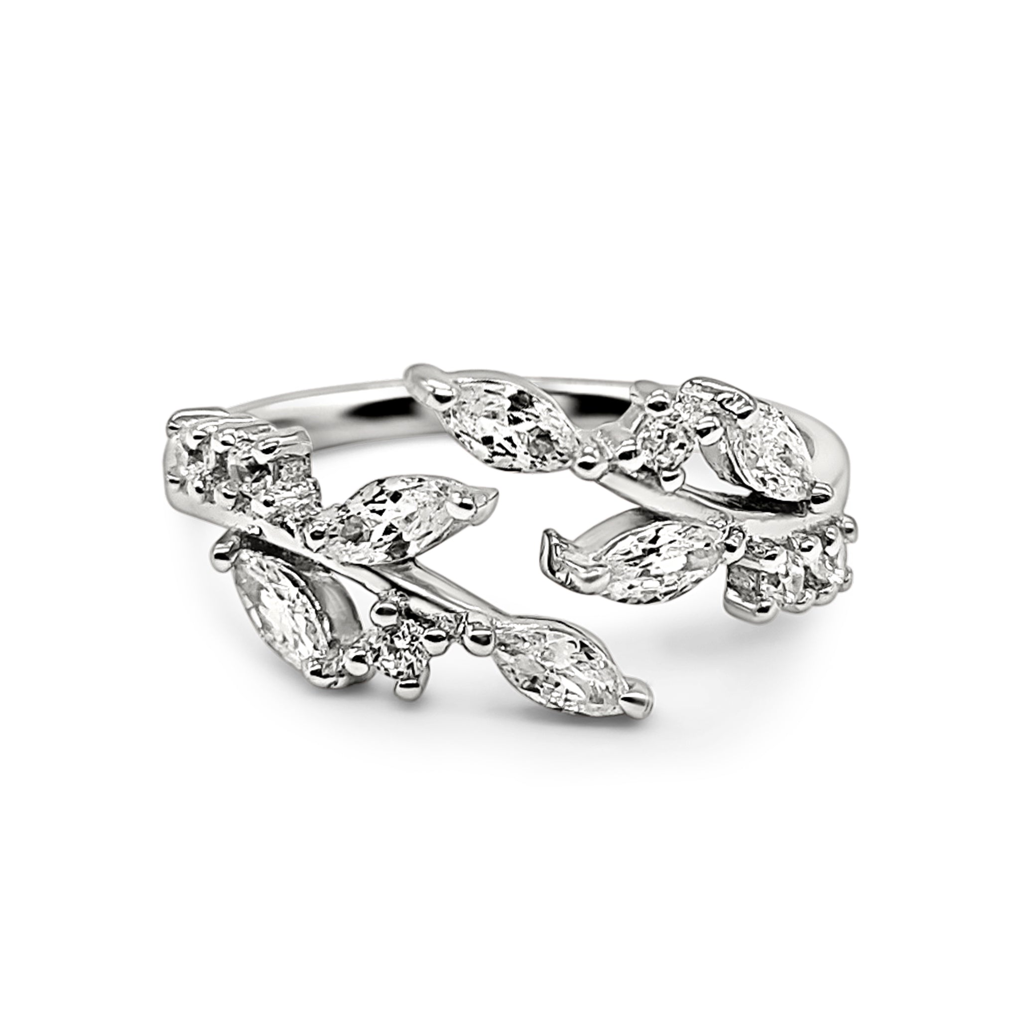 Adjustable leaf ring in sterling silver on white background