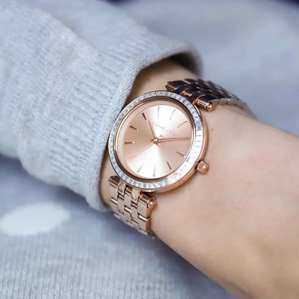 Michael Kors MK3366 rose gold dial watch close-up on wrist