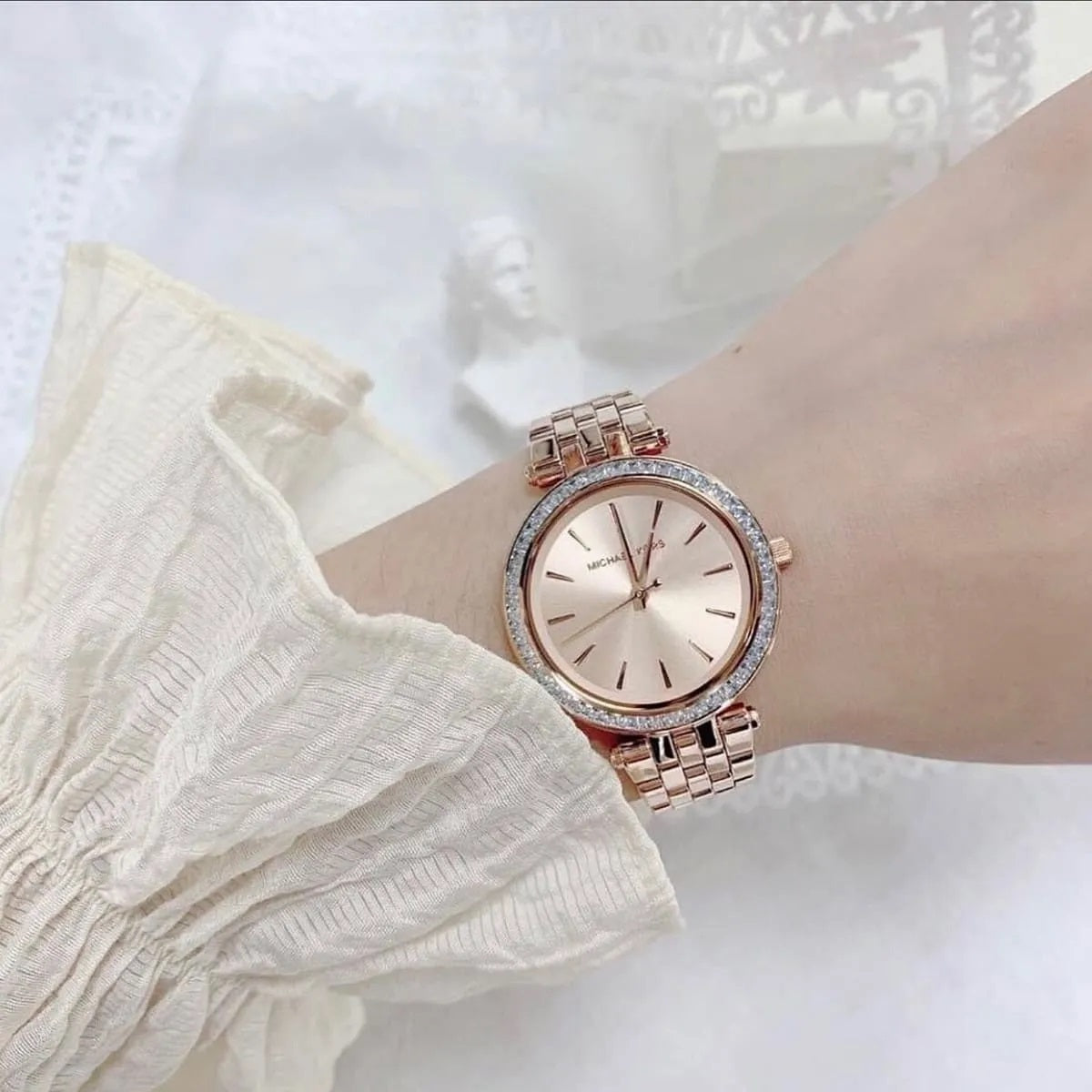 Michael Kors MK3366 rose gold watch on wrist
