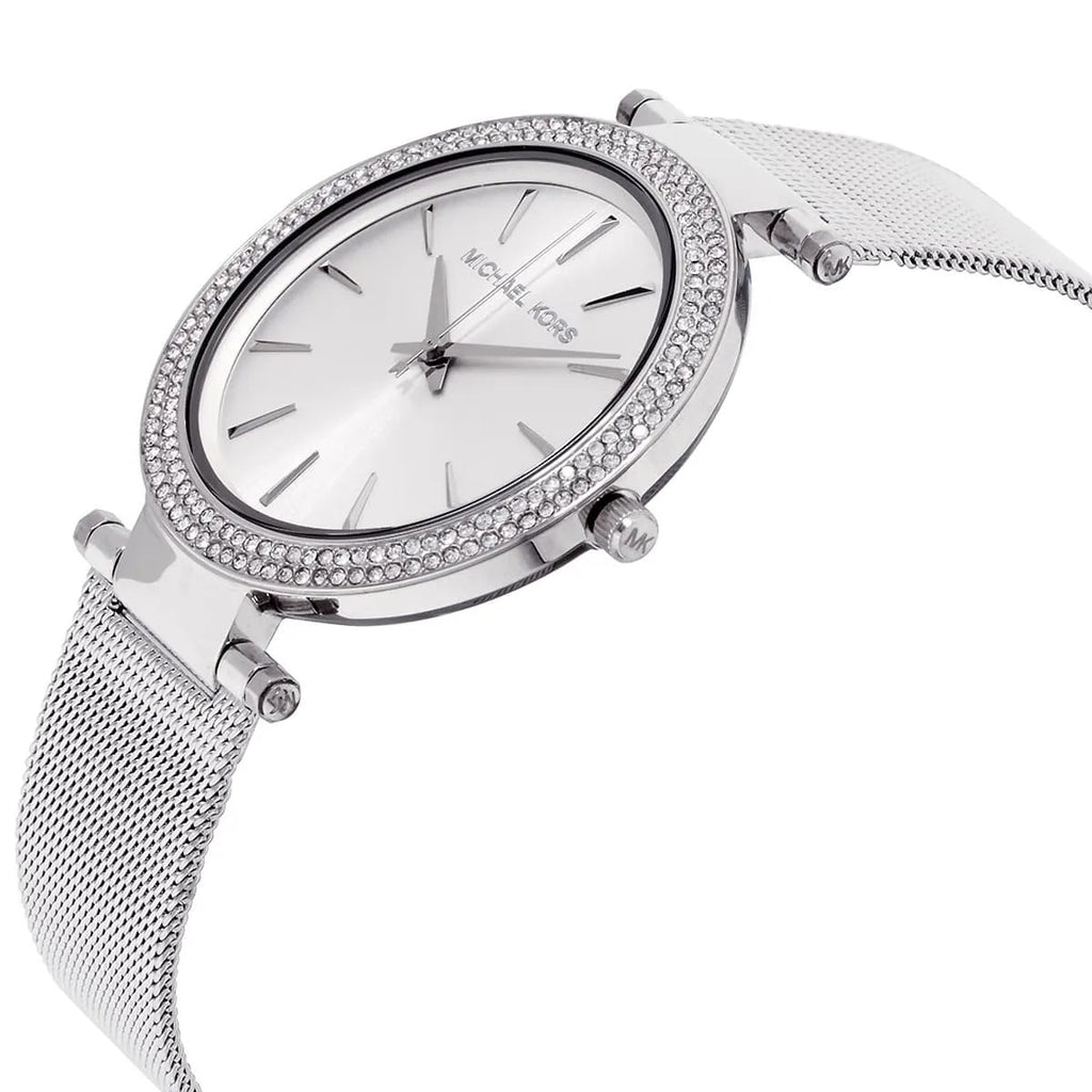 Michael Kors MK3367 angled view with silver dial and crystal detail