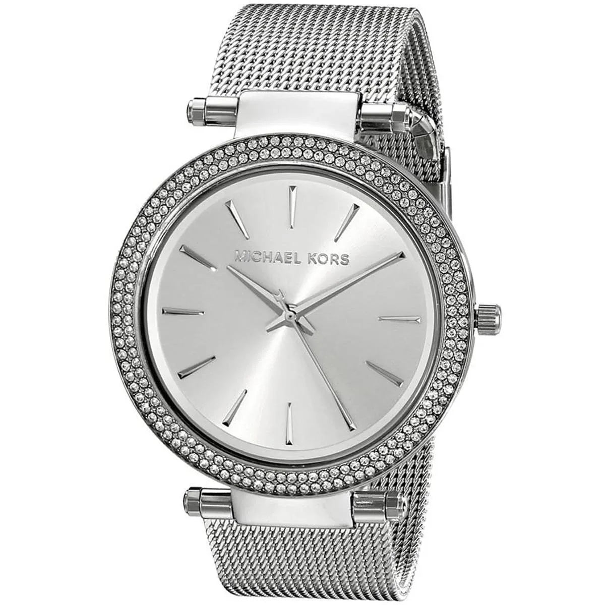 Michael Kors MK3367 silver dial close-up with crystal detail