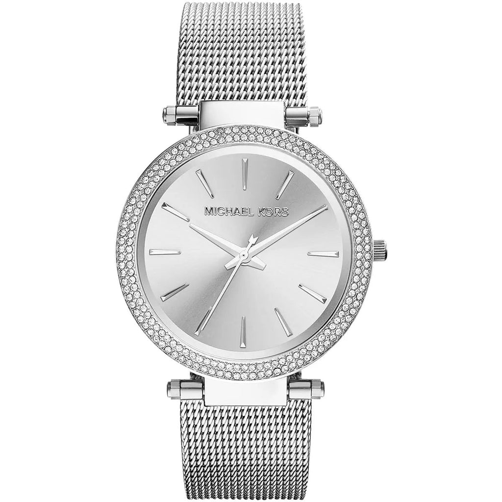 Michael Kors MK3367 Mini Darci silver mesh watch front view with silver dial