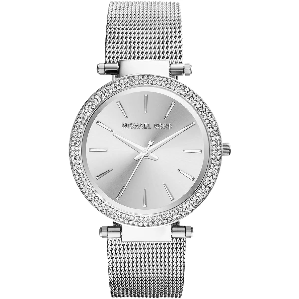 Michael Kors MK3367 Mini Darci silver mesh watch front view with silver dial