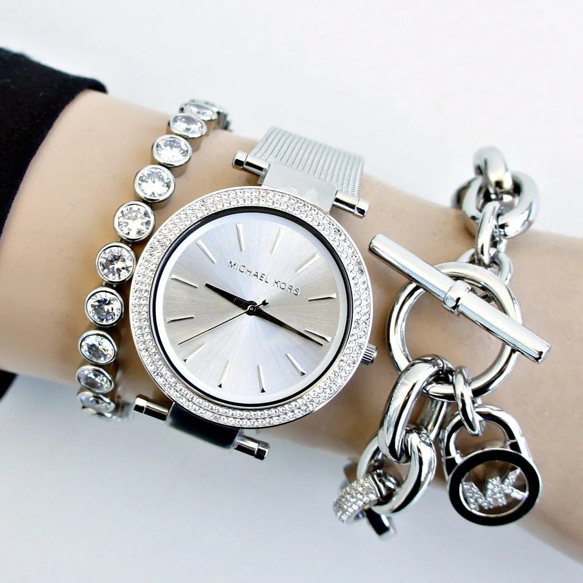 Michael Kors MK3367 Mini Darci watch on wrist with silver dial
