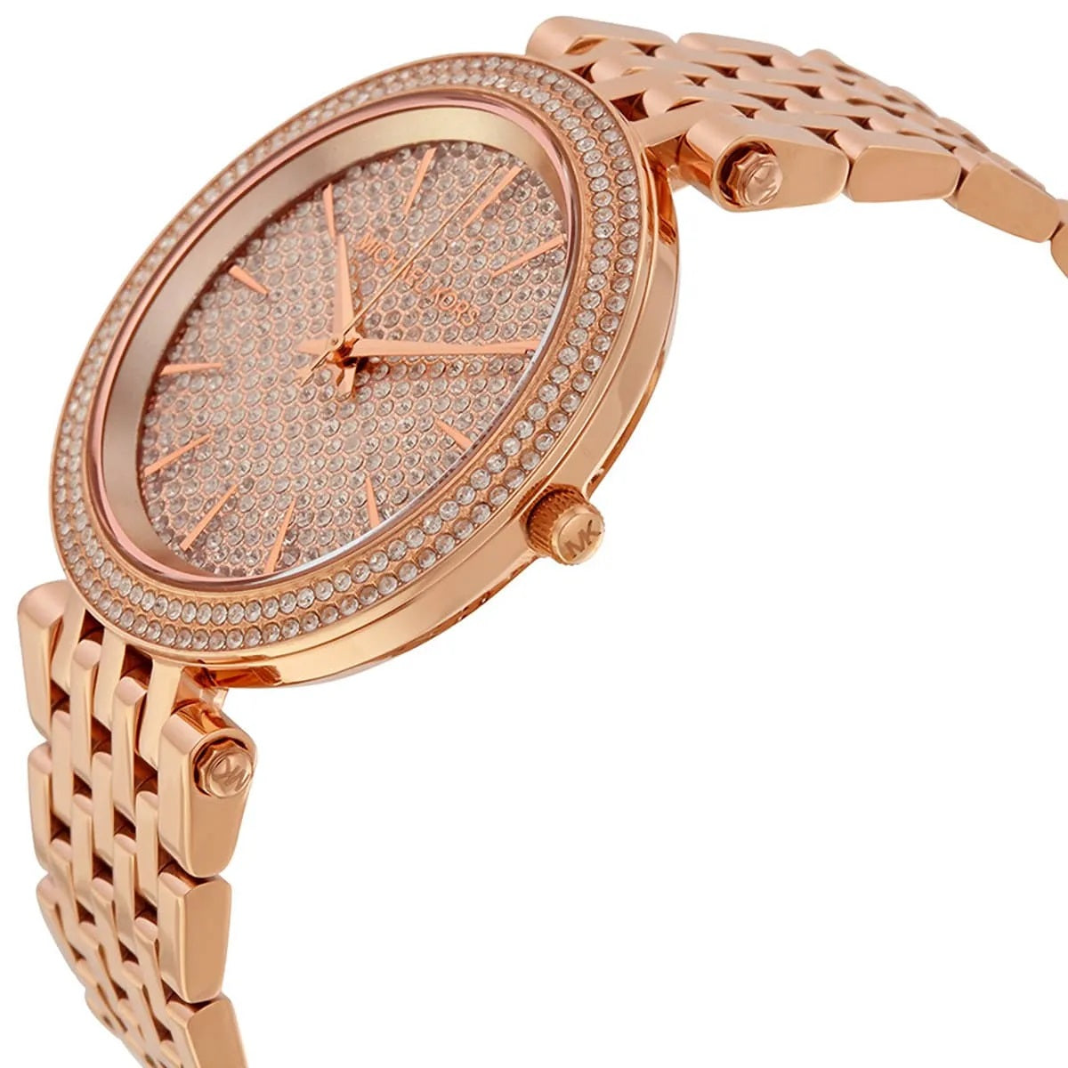 Michael Kors MK3439 angled view with rose gold strap and dial