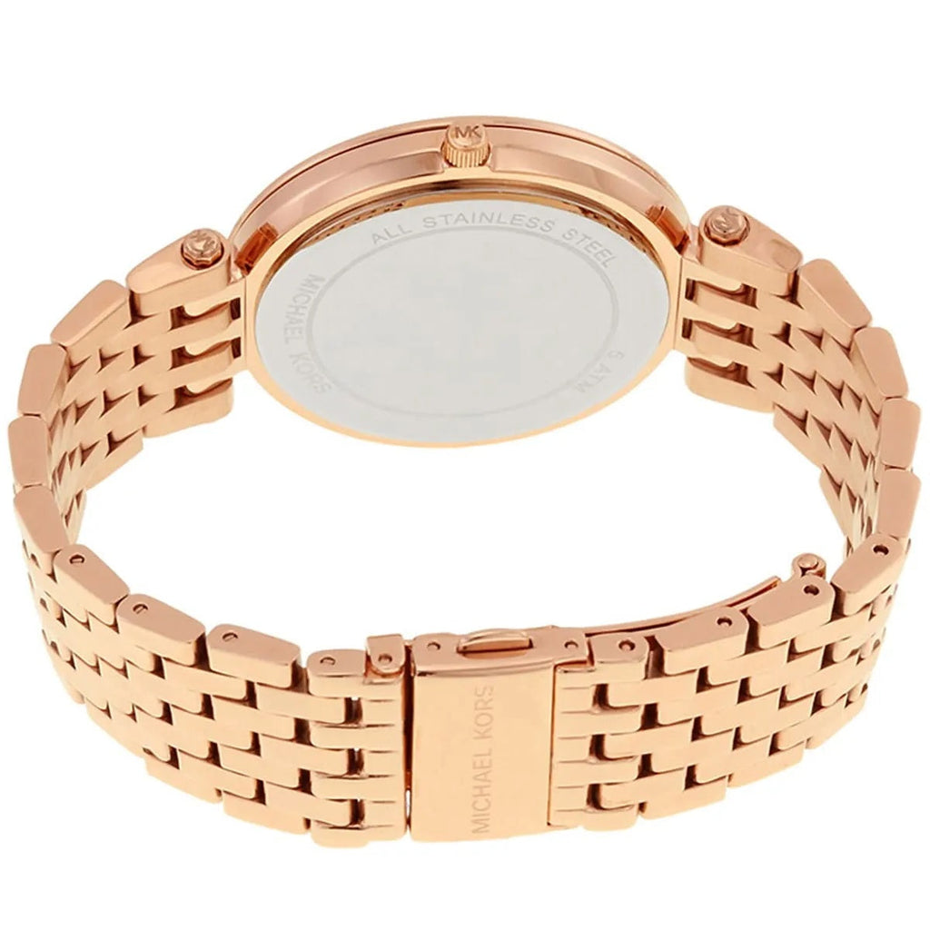 Michael Kors MK3439 rose gold watch back and clasp view