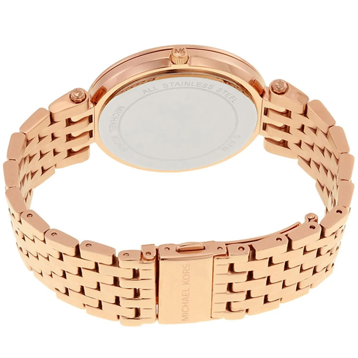 Michael Kors MK3439 rose gold watch back and clasp view