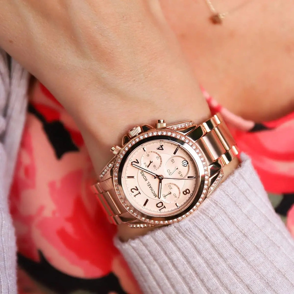 Michael Kors MK5263 rose gold watch on wrist close-up
