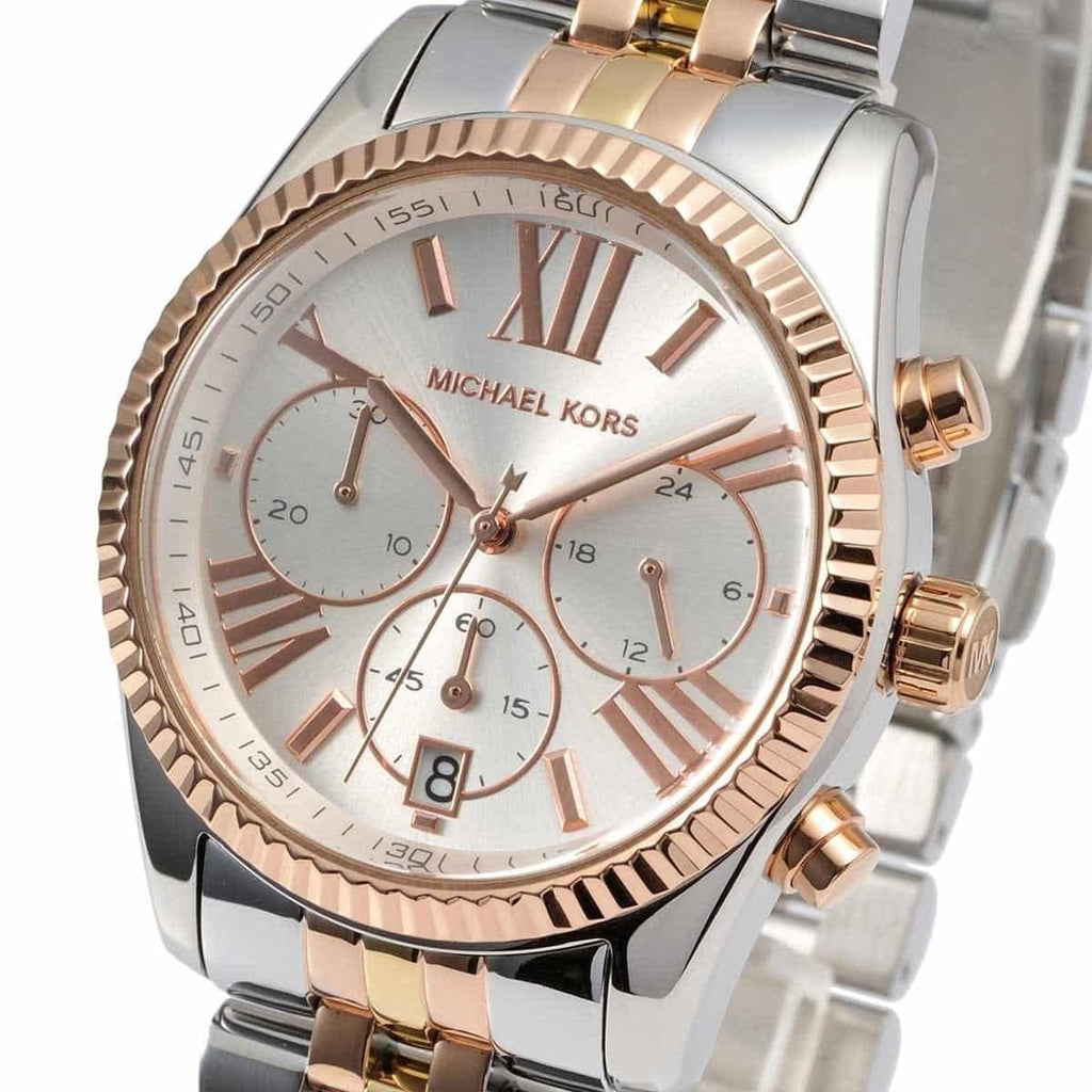 Michael Kors MK5735 silver dial close-up with tricolour strap