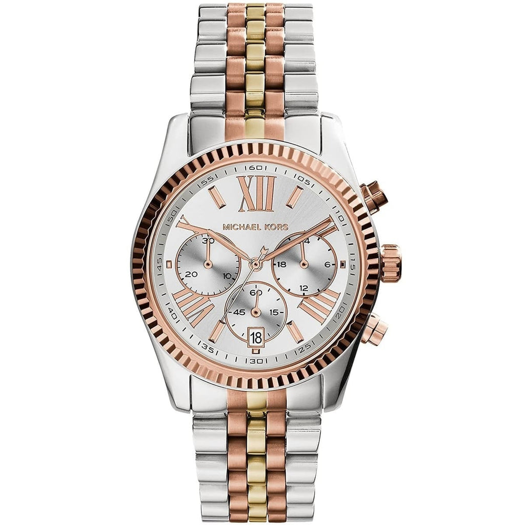Michael Kors MK5735 Lexington tri-tone watch front view with silver dial