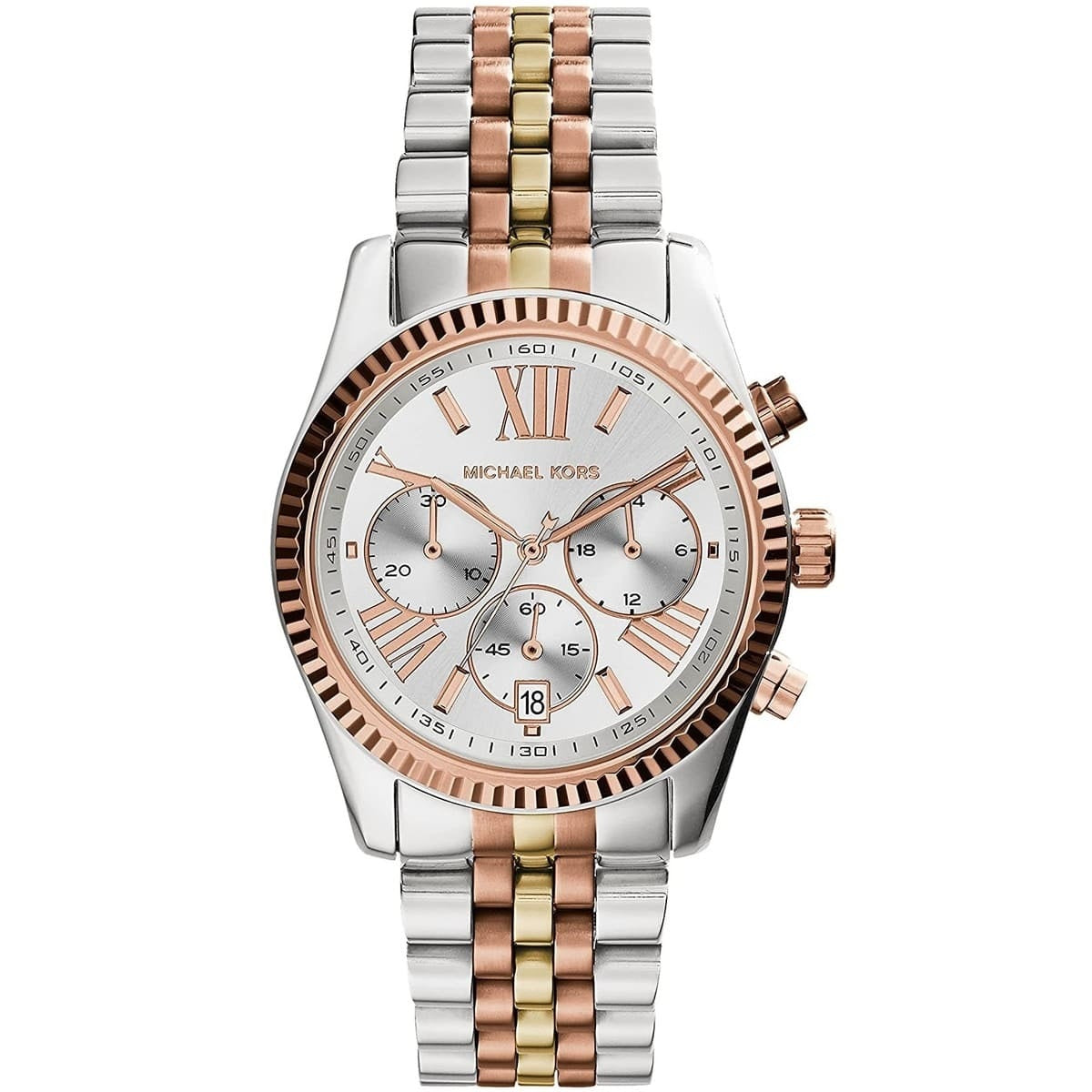 Michael Kors MK5735 Lexington tri-tone watch front view with silver dial