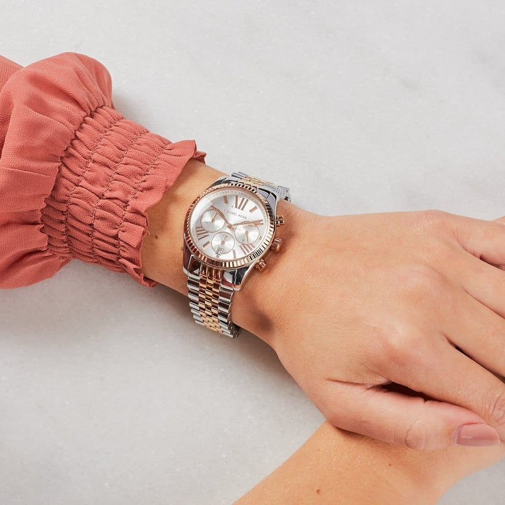 Michael Kors MK5735 Lexington watch on wrist with silver dial