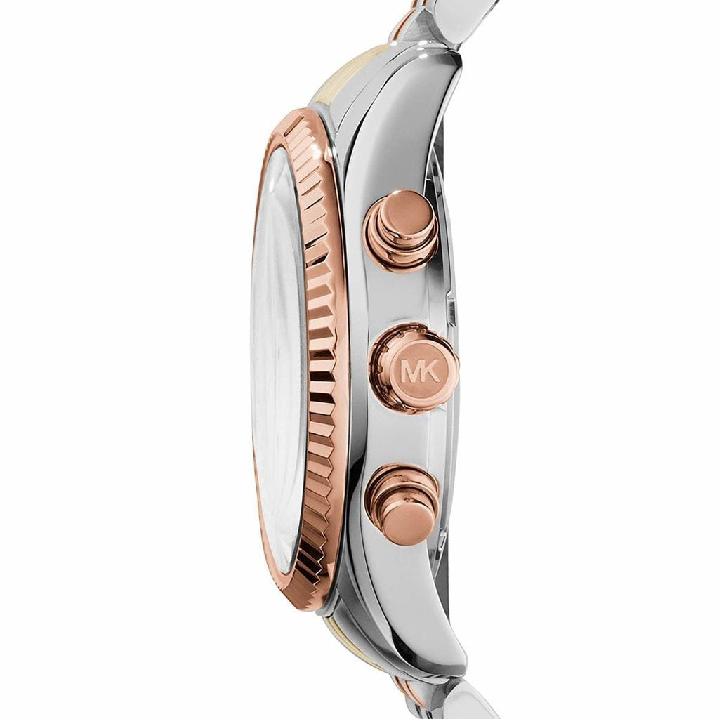Michael Kors MK5735 side view with silver dial and tricolour strap