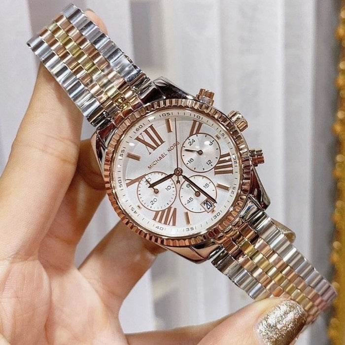 Michael Kors MK5735 women’s watch with tricolour strap and silver dial