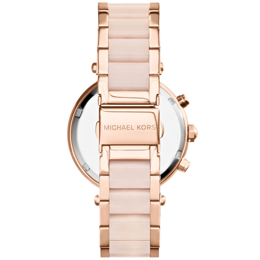 Michael Kors MK5896 rose gold watch clasp and back view