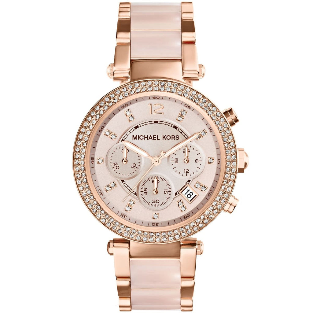 Michael Kors MK5896 Parker rose gold watch front view with rose gold dial