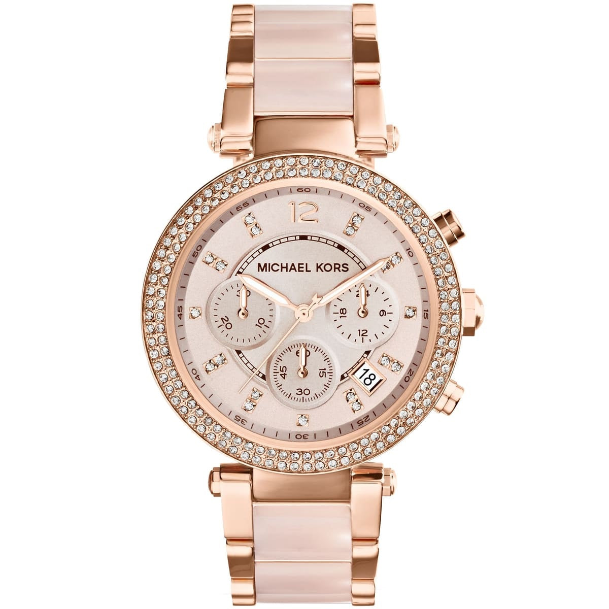 Michael Kors MK5896 Parker rose gold watch front view with rose gold dial