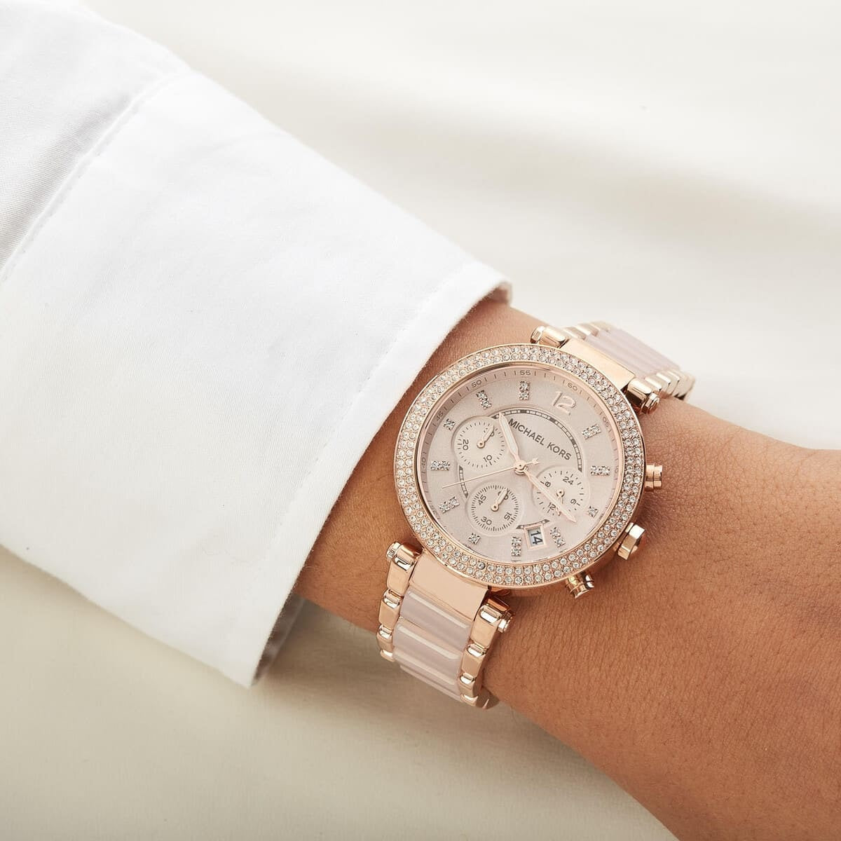 Michael Kors MK5896 Parker rose gold watch on wrist