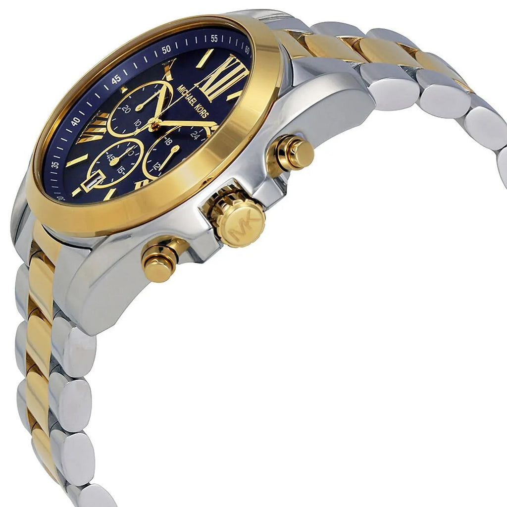 Michael Kors MK5976 angled view with blue dial and two-tone bracelet
