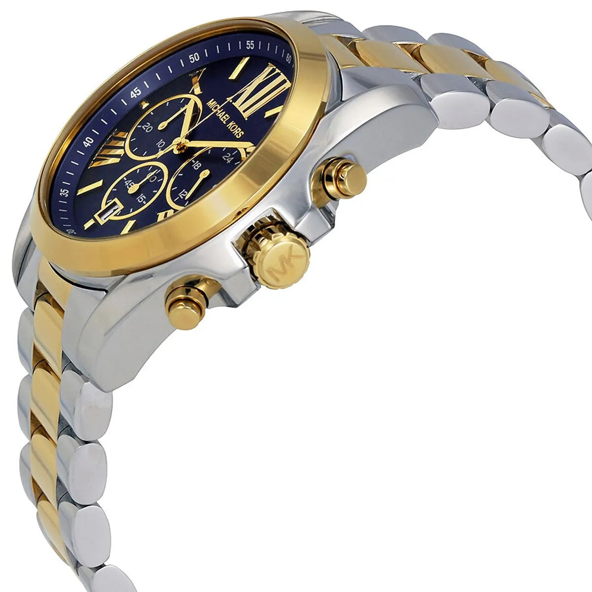 Michael Kors MK5976 angled view with blue dial and two-tone bracelet