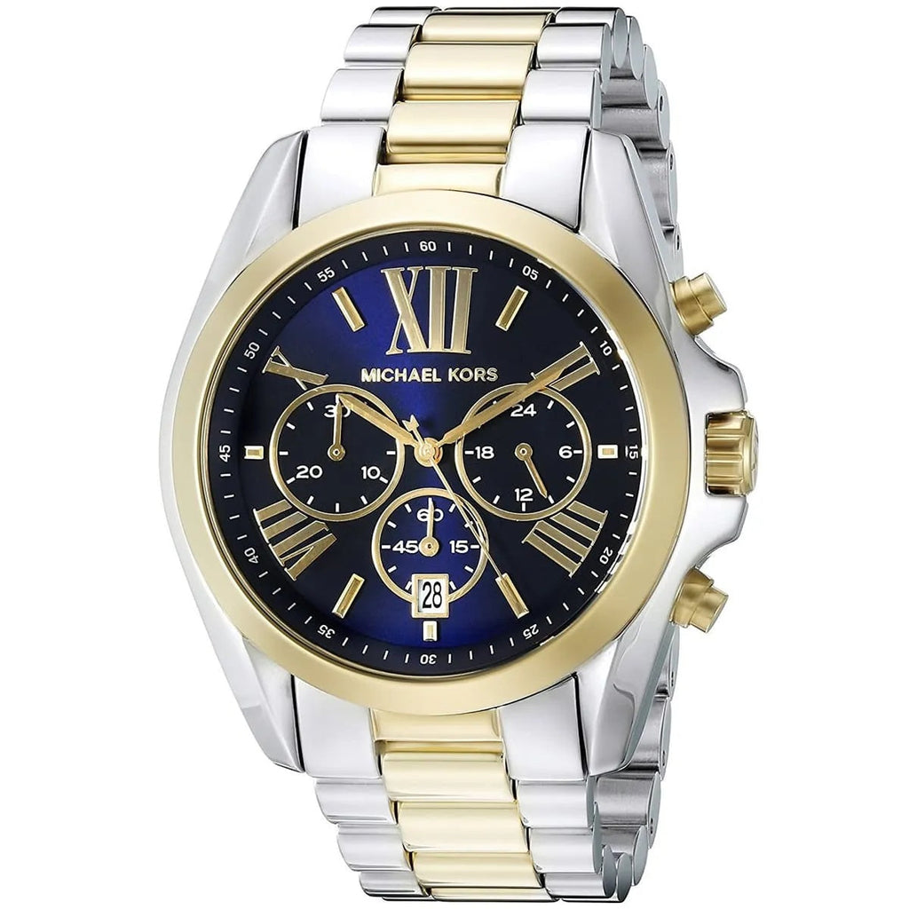 Michael Kors MK5976 blue dial close-up with gold and silver bracelet